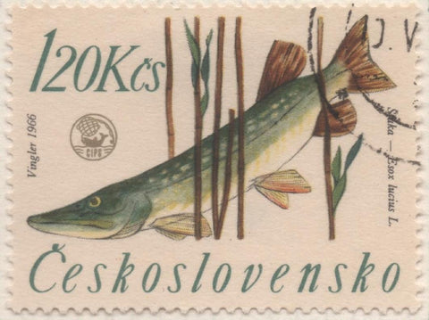 Sello E01334: hoja 85, Checoslovaquia: Sello Multicolor, dentado. Campeonato de Pesca de Rivera. Lucio, 1,20Koruna