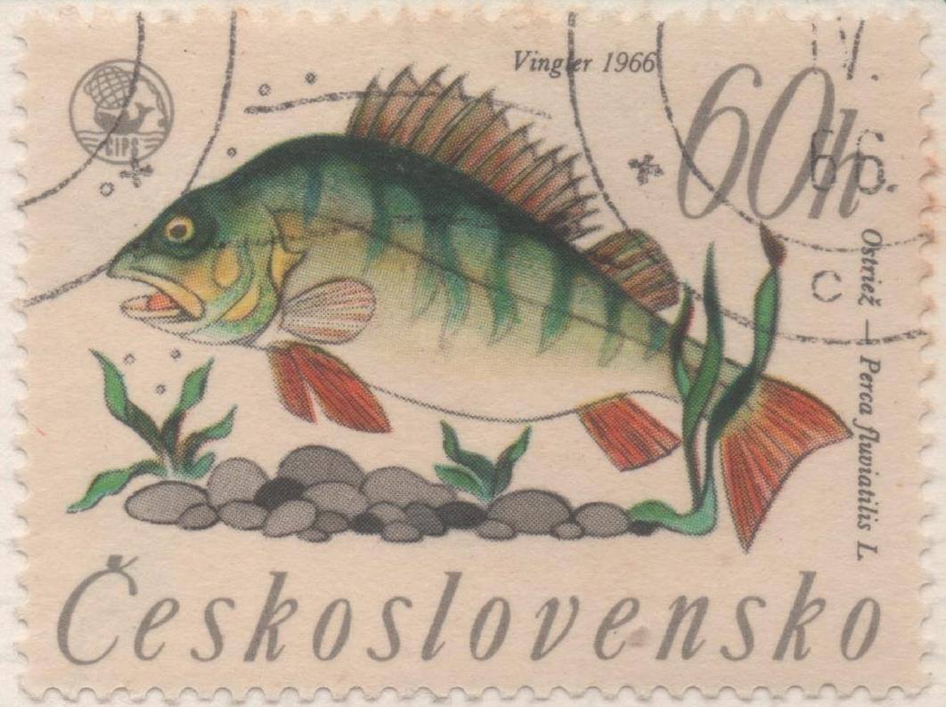 Sello E01332: hoja 85, Checoslovaquia: Sello Multicolor, dentado. Campeonato de Pesca de Rivera. Perca, 60 Haleru