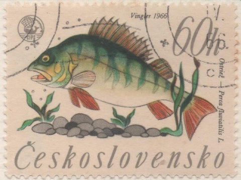 Sello E01332: hoja 85, Checoslovaquia: Sello Multicolor, dentado. Campeonato de Pesca de Rivera. Perca, 60 Haleru