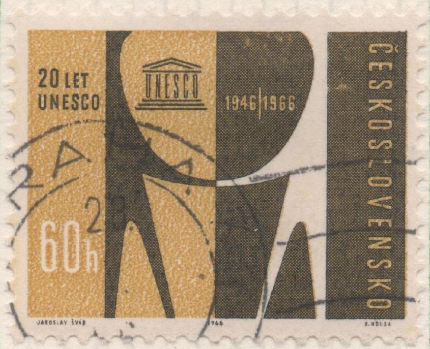 Sello E01331: hoja 85, Checoslovaquia: Sllo Dorado y marron, dentado. El 20 Aniversario de la UNESCO,60 Haleru
