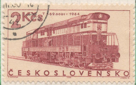 Sello E01329: hoja 85, Checoslovaquia: Sello Rojo oscuro, dentado. Locomotoras. Locomotora diésel eléctrica T 699.0001 (1964), 2 Koruny