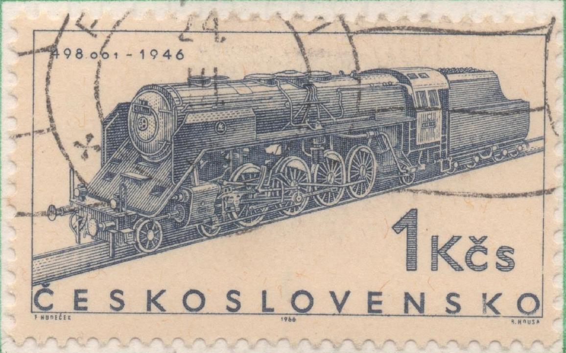 Sello E01327: hoja 85, Checoslovaquia: Sello Azul oscuro, dentado. Locomotoras. Locomotora de vapor 498.0 (1946), 1 Koruna