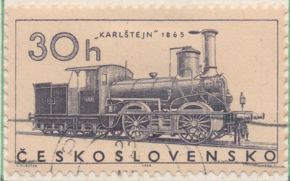 Sello E01325: hoja 85, Checoslovaquia: Sello violeta oscuro, dentado. Locomotoras. Locomotora de vapor KARLŠTEJN (1865), 30 Haleru
