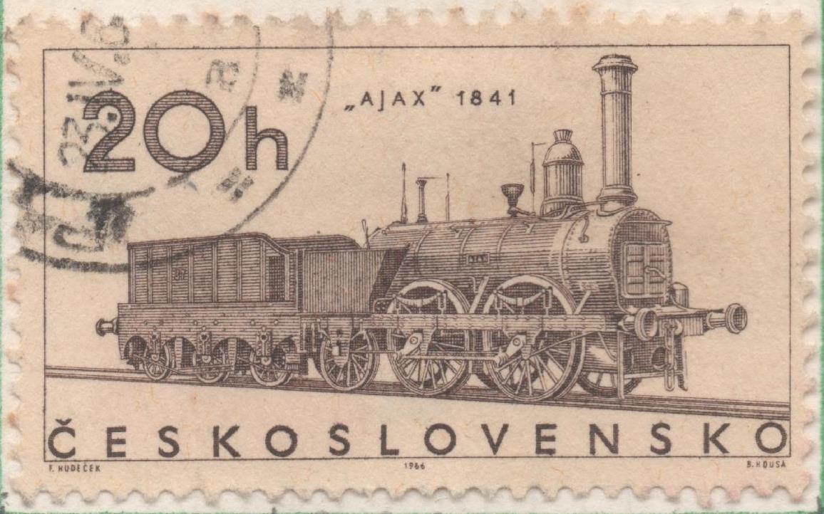Sello E01324: hoja 85, Checoslovaquia: Sello Marron, dentado. Locomotoras. Locomotora de vapor AJAX (1841), 20 Haleru
