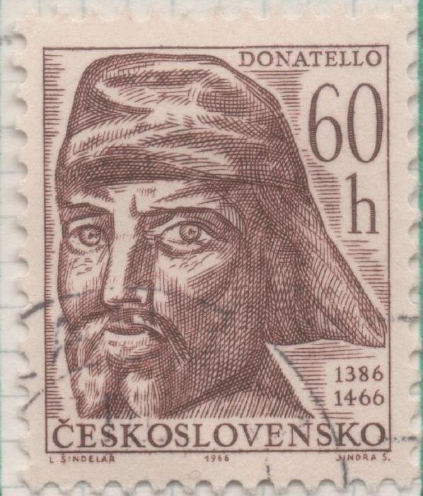 Sello E01322: hoja 84, Checoslovaquia: Sello Marron, dentado. Aniversarios Culturales. Donatello, Escultor Italiano, 60 Haleru