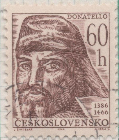 Sello E01322: hoja 84, Checoslovaquia: Sello Marron, dentado. Aniversarios Culturales. Donatello, Escultor Italiano, 60 Haleru