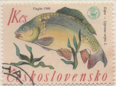 Sello E01333: hoja 85, Checoslovaquia: Sello Multicolor, dentado. Campeonato de Pesca de Rivera. Carpa, 1 Koruna