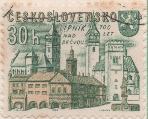Sello E01244: hoja 81, Checoslovaquia: Sello Verde y amarillo, dentado. 700 Aniv deCiudades Checas. Lipnik and Becvou, 30 Haleru