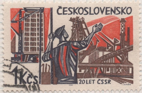 Sello E01238: hoja 80, Checoslovaquia: Sello Multicolor, dentado. 20º Aniv de la Liberación. Obrero de la construcción, 1 Koruna