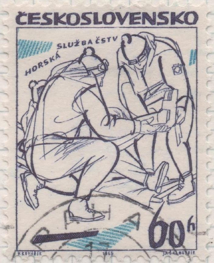 Sello E01235: hoja 80, Checoslovaquia: Sello Azul oscuro, dentado. Eventos deportivos. El 10º Aniversario del Servicio de Salvamento en Montaña, 60 Haleru