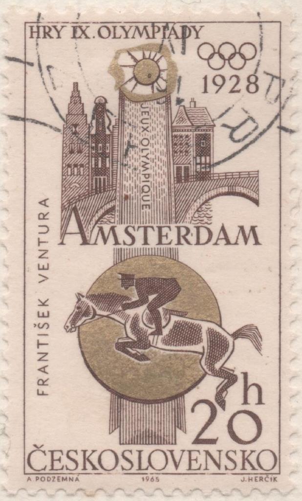 Sello E01248: hoja 81, Checoslovaquia: Sello Marron y oro, dentado. Medallas Olímpicas de Checolosvaquia. Salto a caballo (Ámsterdam, 1928), 20 Haleru