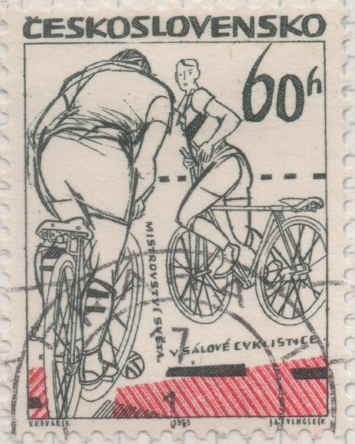 Sello E01233: hoja 80, Checoslovaquia: Sello Negro y rojo, dentado. Eventos deportivos.  Campeonato Mundial de Ciclismo Indoor, Praga, 60 Haleru
