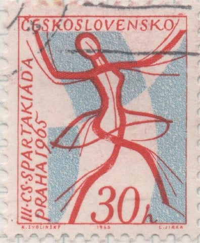 Sello E01231: hoja 80, Checoslovaquia: Sello Rojo y azul, dentado. Terceros Juegos Nacionales Espartaquistas. Bailarina, 30 Haleru