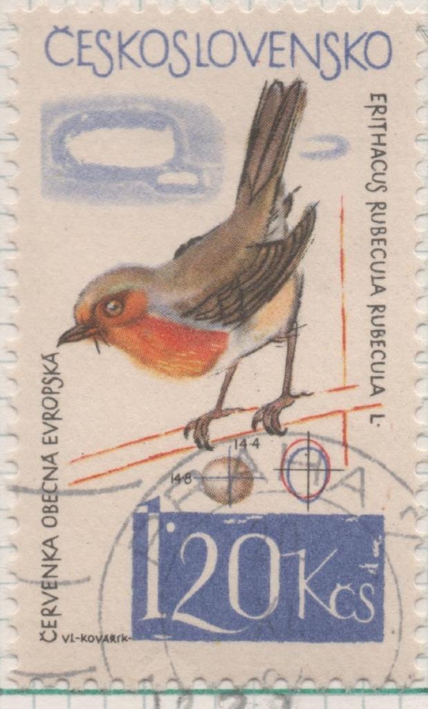Sello E01227: hoja 80, Checoslovaquia: Sello Multicolor, dentdo. Pajaros. Erithacus rebecula, 1,20 Koruna