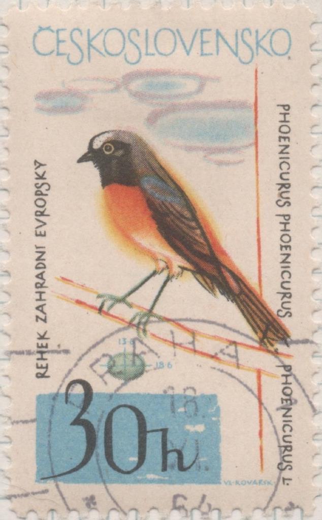 Sello E01223: hoja 80, Checoslovaquia: Sello Multicolor, dentado. Pajaros. Phoenicurus phoenicurus, 30 Haleru
