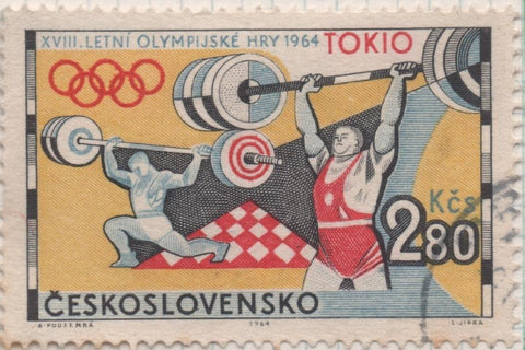 Sello E01222: hoja 79, Checoslovaquia: Sello Multicolor, dentado. XVIII Olimpiadas de Tokio. Levantamiento de Pesas, 2,80 Koruny