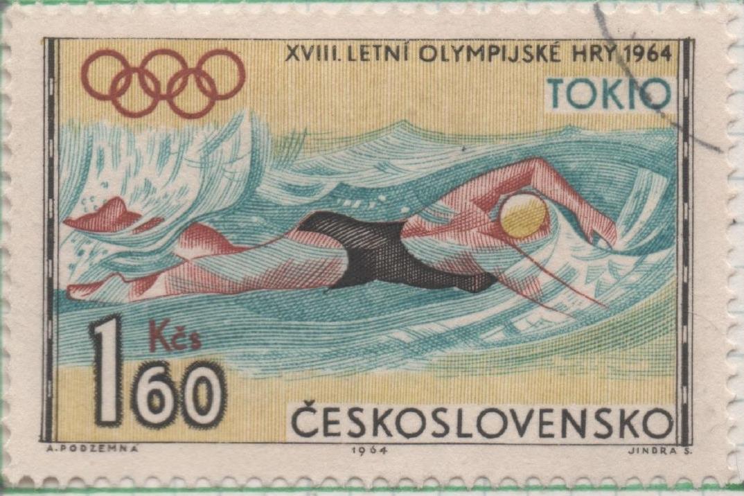 Sello E01221: hoja 79, Checoslovaquia: Sello Multicor, dentado. XVIII Olimpiadas de Tokio. Natación, 1,60 Koruna