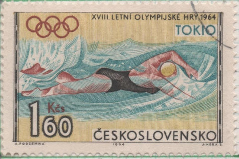 Sello E01221: hoja 79, Checoslovaquia: Sello Multicor, dentado. XVIII Olimpiadas de Tokio. Natación, 1,60 Koruna