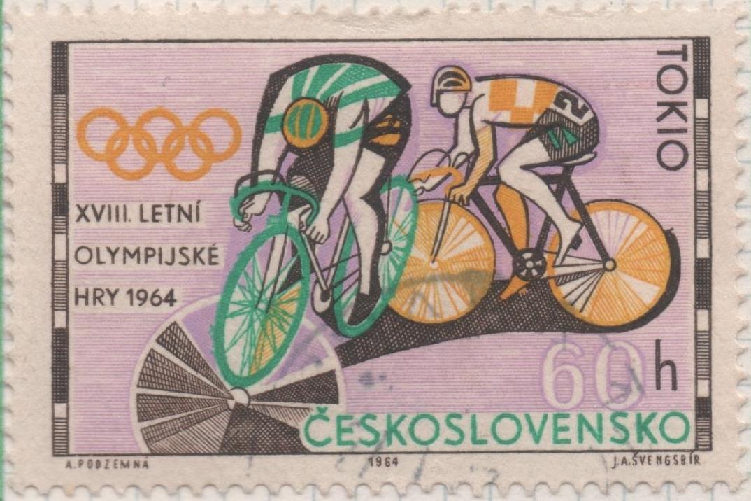Sello E01220: hoja 79, Checoslovaquia: Sello Multicolor, dentado. XVIII Olimpiadas de Tokio. Ciclismo, 60 Haleru