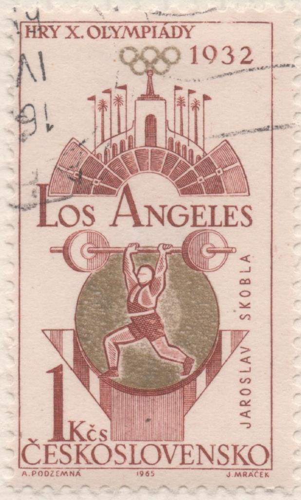 Sello E01251: hoja 81, Checoslovaquia: Sello Marron y oro, dentado. Medallas Olímpicas de Checoslovaquia. Halterofilia (Los Ángeles, 1932), 1 Koruna