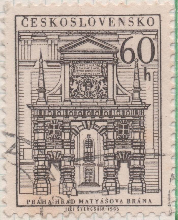 Sello E01278: hoja 82, Checoslovaquia: Sello Gris oscuro, dentdo. Castillos de Praga. Puerta de Matías, 60 Haleru