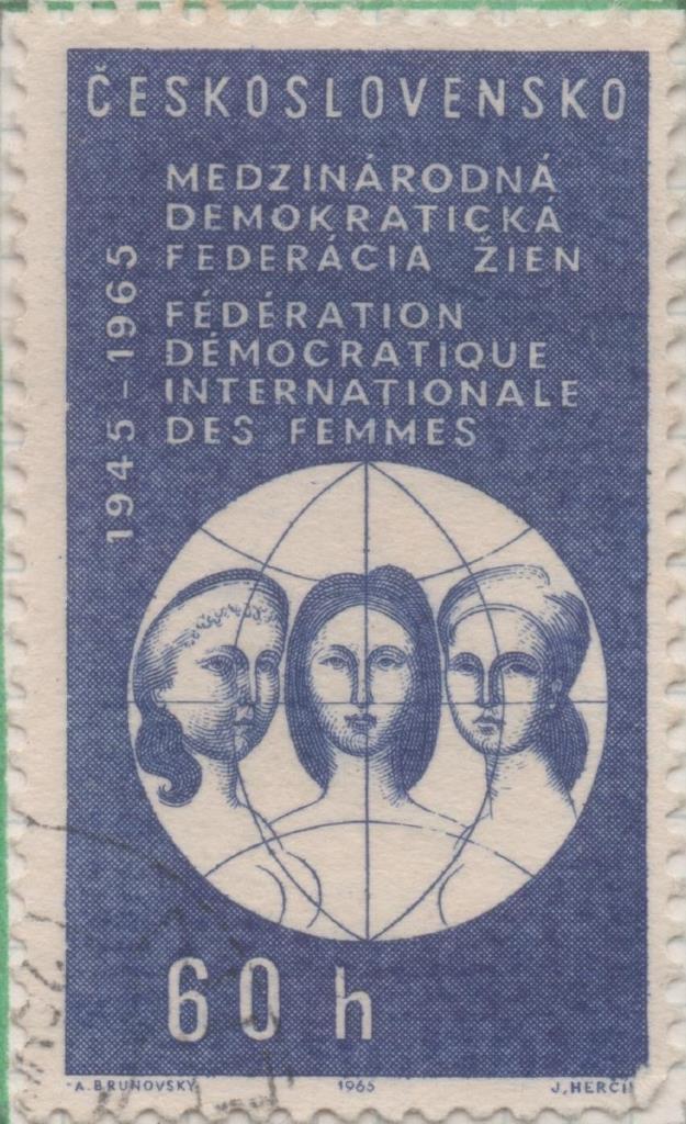 Sello E01276: hoja 82, Checoslovaquia: Sello Azul y blanco, dentado. 20 Aniversario de la Federación Internacional de Mujeres Democráticas, 60 Haleru