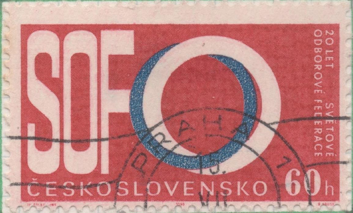 Sello E01275: hoja 82, Checoslovaquia: Sello Rojo, azul y blanco, dentado. 20 Aniversario de la Federación Sindical Mundial, 60 Haleru