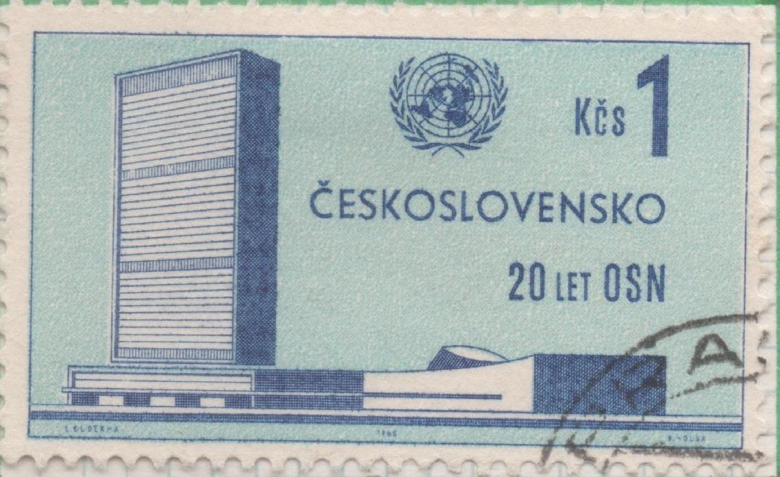 Sello E01273: hoja 82, Checoslovaquia: Sello Azul, dentado. 20ª Aniv de las Naciones Unidas, 1 Koruna