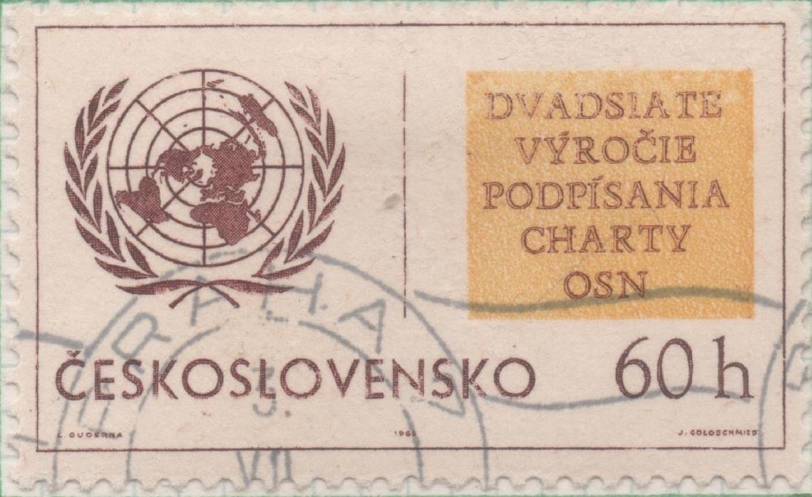 Sello E01272: hoja 82, Checoslovaquia: Sello Marron y amarillo, dentado. 20º Aniv dela Naciones Unidas, 60 Halerus