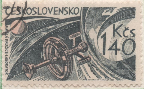 Sello E01260: hoja 81, Checoslovaquia: Sello Azul y naranja, dentado.Astronautica. Satélite Artificial y Estación Espacial, 1,40 Koruna