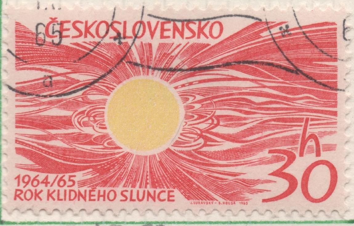 Sello E01258: hoja 81, Checoslovaquia: Sello Rojo y amarillo, dentado. Actividad mínima de manchas solares - Sol tranquilo, 30 Haleru