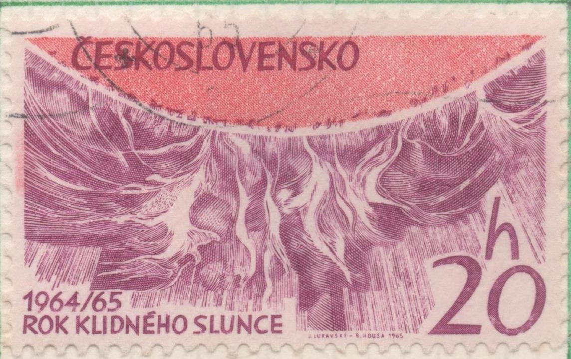 Sello E01255: hoja 81, Checoslovaquia: Sello Lila y naranja, dentado. Astronautica. Actividad máxima de manchas solares, 20 Haleru