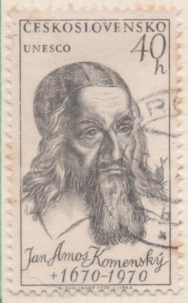 Sello E01620: hoja 105, Checoslovaquia:  Sello Gris oscuro, dentado. Personajes. J. A. Komenský,1592-1670.Pedagogo, 40 Haleru