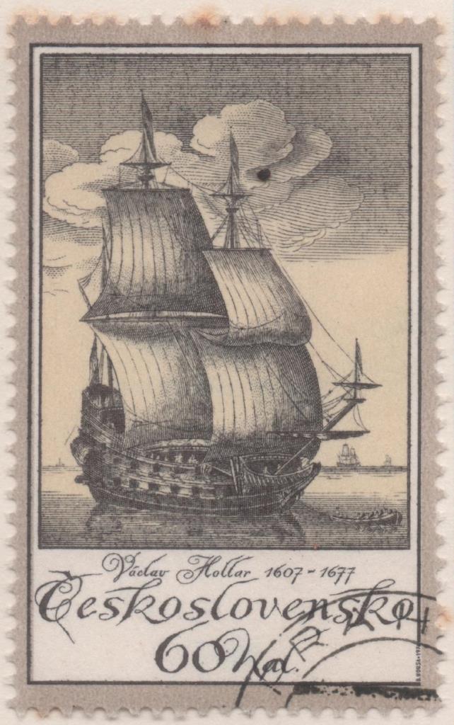 Sello E01989: hoja 134, Checoslovaquia: Sello Gris, amarillo y marron, dentado. Antiguos Gravados De Navíos. V. Hollar, 60 Haleru