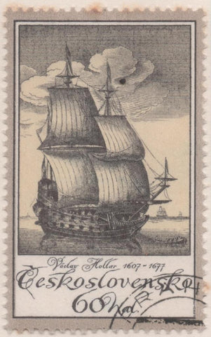 Sello E01989: hoja 134, Checoslovaquia: Sello Gris, amarillo y marron, dentado. Antiguos Gravados De Navíos. V. Hollar, 60 Haleru