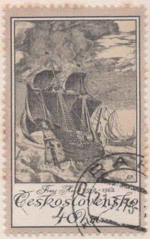 Sello E01988: hoja 134, Checoslovaquia: Sello Gris y amarillo, dentado. Antiguos Gravados de Navíos. F. Huys, 40 Haleu