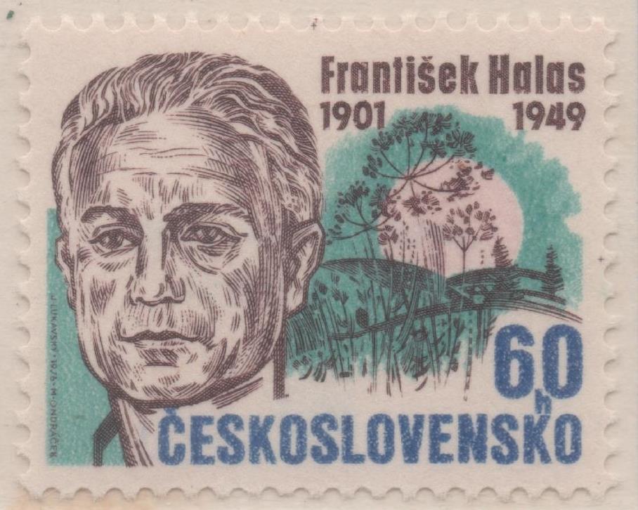 Sello E01980: hoja 133, Checoslovaquia: Sello Marron oscuro y verde y azul, dentado. Personaledades de la Vida Cultural. Frantisek Halas,1901-1949.Poeta, 60 Haleru