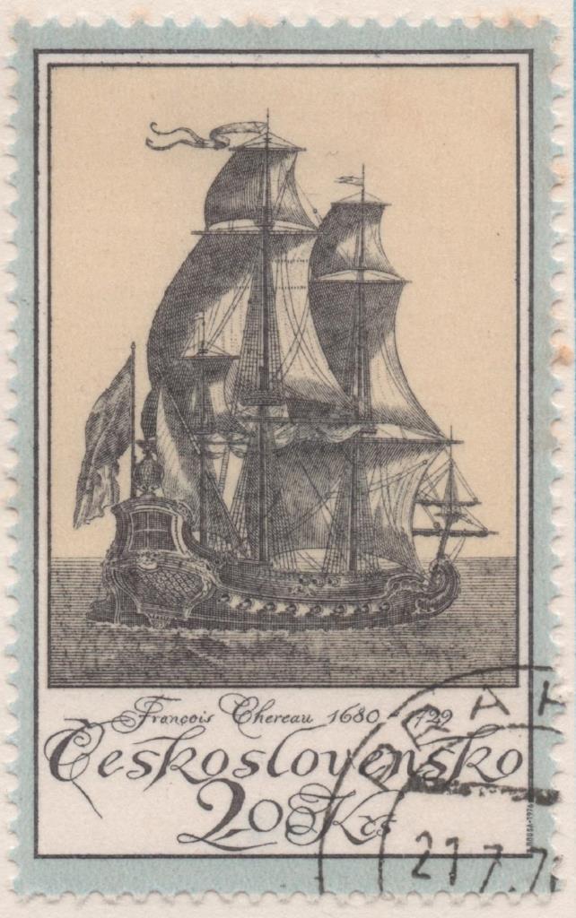 Sello E01991: hoja 134, Checoslovaquia: Sello Gris, amarillo y azul, dentado. Antiguos Gravados de Navíos. F. Chereau, 2 Koruny