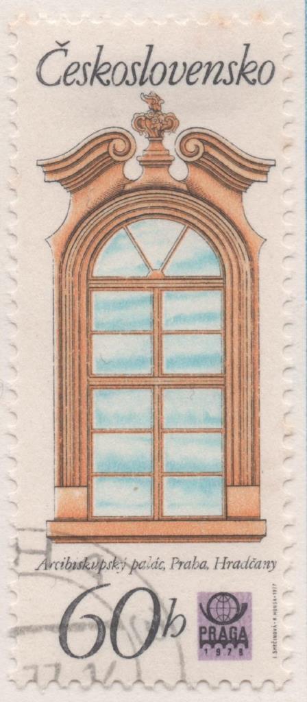 Sello E02015: hoja 136, Checoslovaquia: Sello Multicolor, dentado. Ventanas Históricas de Praga. Arzobispado, 60 Haleru
