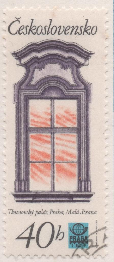 Sello E02014: hoja 136, Checoslovaquia: Sello Multicolor, dentado. Ventadnas Históricas de Praga. Palacio Thun, 40 Haleru