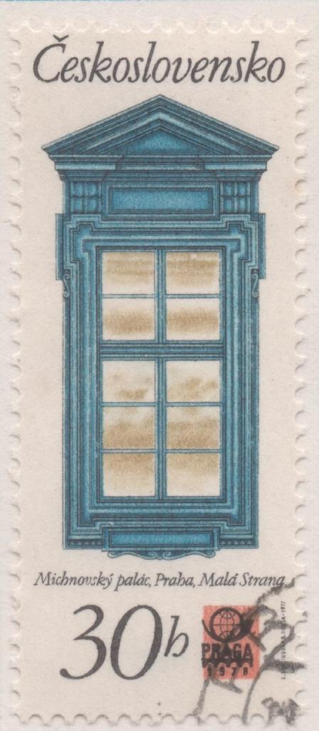 Sello E02013: hoja 136, Checoslovaquia: Sello Multicolor, dentado. Ventanas Históricas de Praga. Palacio Principesco de Michna, 30 haleru 