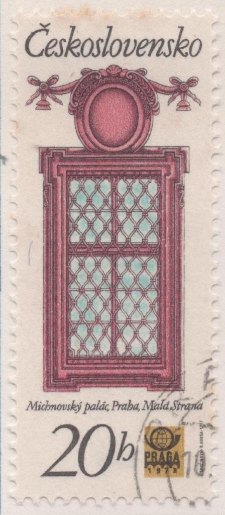 Sello E02012: hoja 136, Checoslovaquia: Sello Multicolor, dentado. Ventanas Históricas de Praga.  Palacio Principesco de Michna, 20 Haleru
