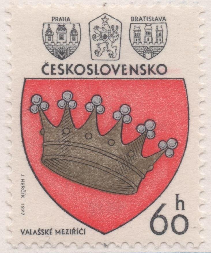 Sello E02011: hoja 135, Checoslovaquia: Sello Rojo, dorado y plateado, dentado. Escudos de Ciudades. Valasske, 60 Haleru