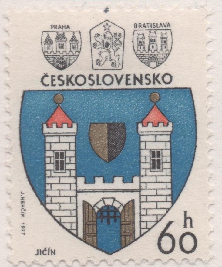 Sello E02010: hoja 135, Checoslovaquia: Sello Azul Negro y dorado, dentado. Escudos de Ciudades. Jicin, 60 Haleru