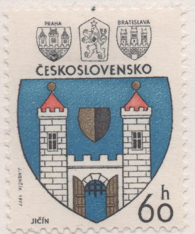 Sello E02010: hoja 135, Checoslovaquia: Sello Azul Negro y dorado, dentado. Escudos de Ciudades. Jicin, 60 Haleru