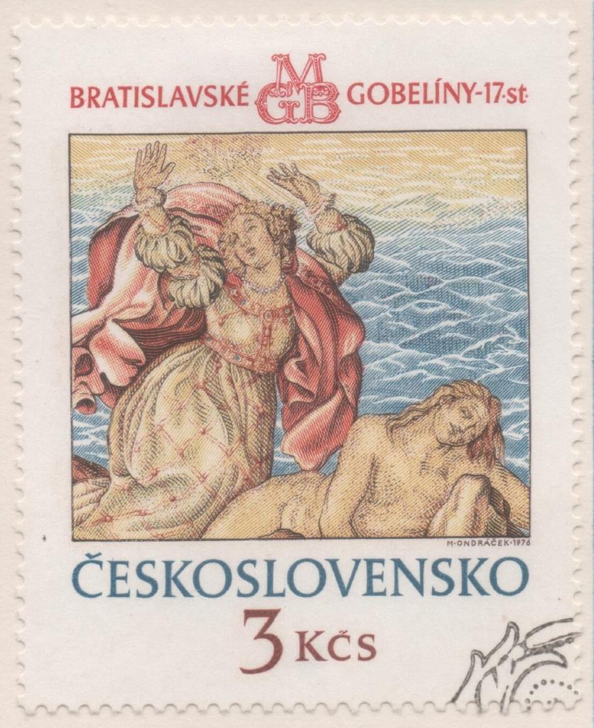 Sello E01960: hoja 131, checoslovaquia: Sello Multicolor, dentado. Tapicerías de Bratislava. Hero llora la muerte de Leandra. 3 Koruny