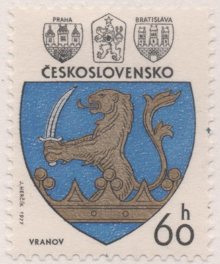 Sello E02008: hoja 135, Checoslovaquia: Sello Azul y dorado, dentado. Escudos de Ciudades. Vranov, 60 Haleru