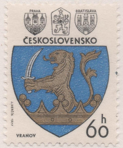 Sello E02008: hoja 135, Checoslovaquia: Sello Azul y dorado, dentado. Escudos de Ciudades. Vranov, 60 Haleru
