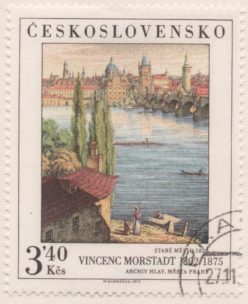Sello E01959: hoja 131, Checoslovaquia: Sello Multicolor, dentado. Pinturas de la Galería Nacional de Praga. Antigua Praga. Vincenc Morstadt. 1828, 3,40 Koruna