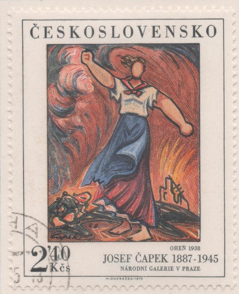 Sello E01958: hoja 131, Checoslovaquia: Sello Multicolor, dentado. Pinturas de la Galería Nacional de Praga. El Fuego. Josef Čapek. 1938, 2,40 Koruna